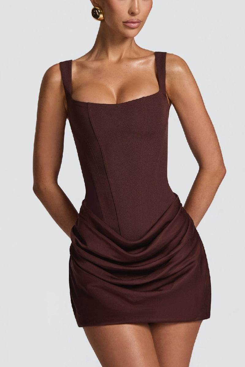 Brown Textured Knit Draped Mini Dress, Close-Up Take Brown Textured Knit Draped Mini Dress, Close-Up Take — Classy Cocktail Dresses Wedding Guest