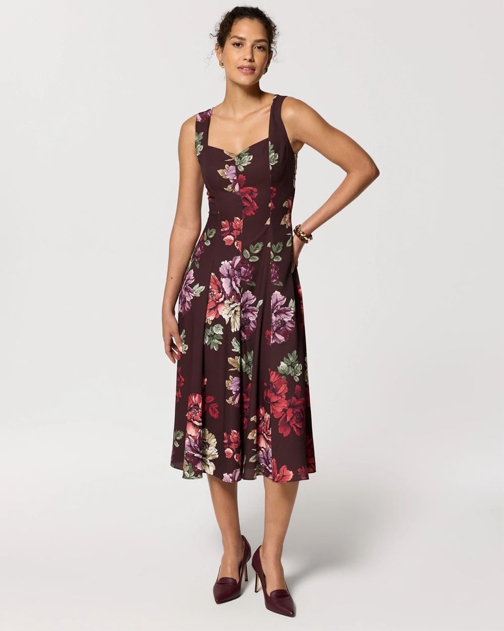 Burgundy Floral Print Fit-and-Flare Midi Dress With Printed Fabric Burgundy Floral Print Fit-and-Flare Midi Dress With Printed Fabric — Classy Cocktail Dresses Wedding Guest