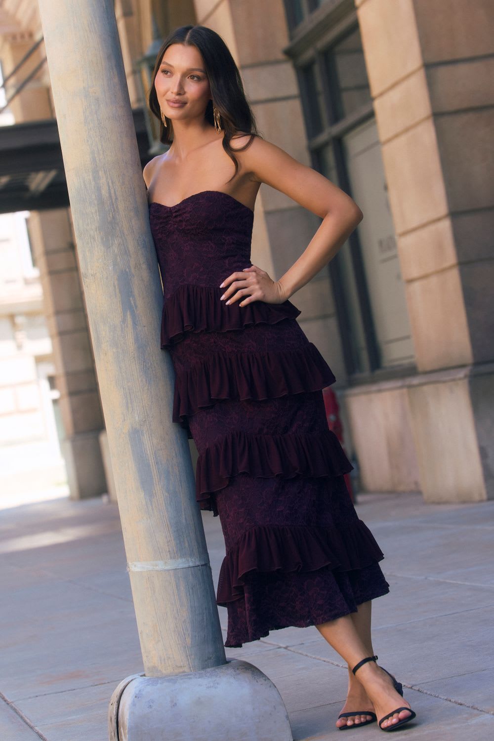 Plum Lace Strapless Dress With Tiered Ruffles Plum Lace Strapless Dress With Tiered Ruffles — Classy Cocktail Dresses Wedding Guest