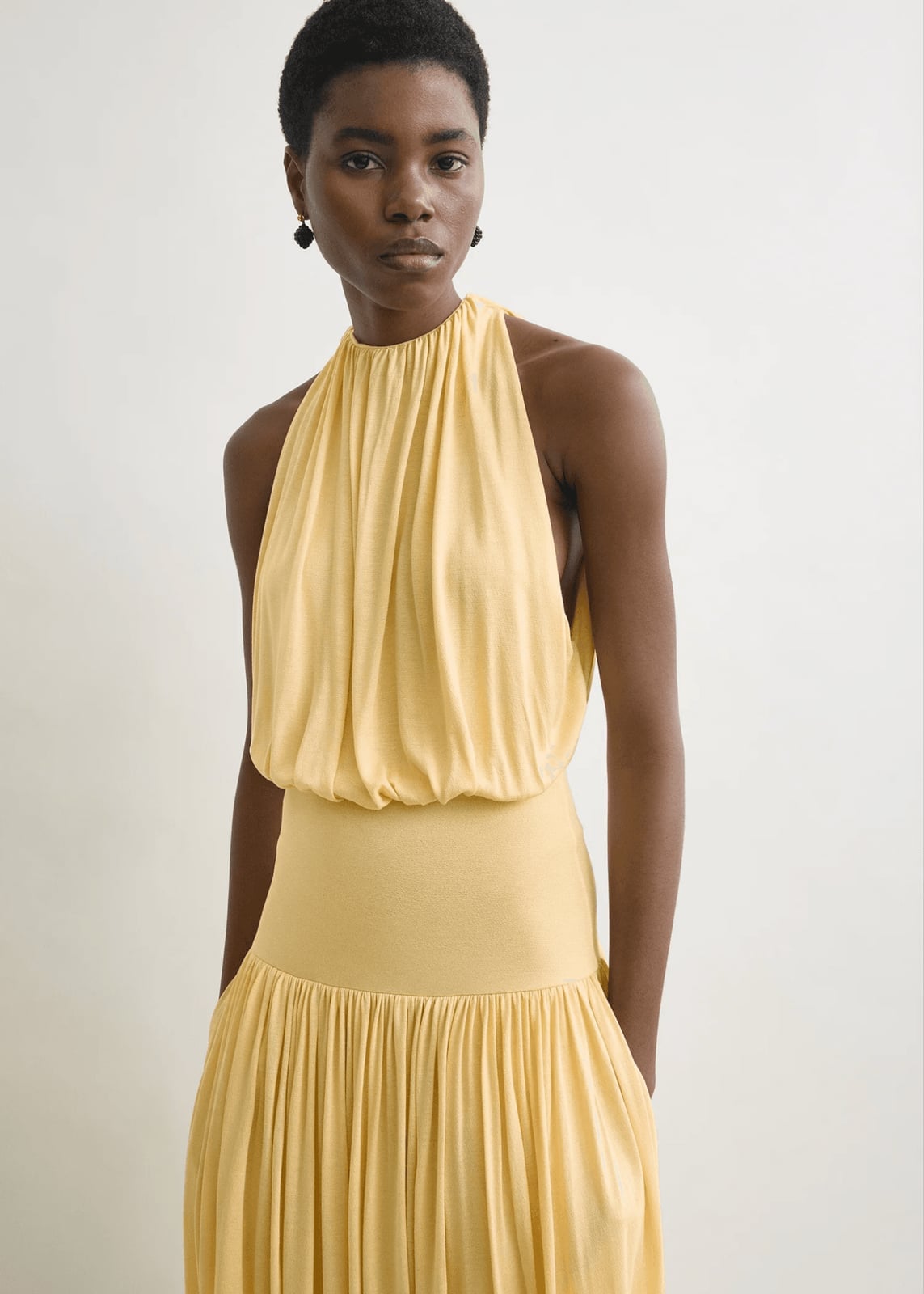 Pale Yellow Halter Neck Dress With Gathered Bodice Pale Yellow Halter Neck Dress With Gathered Bodice — Classy Cocktail Dresses Wedding Guest