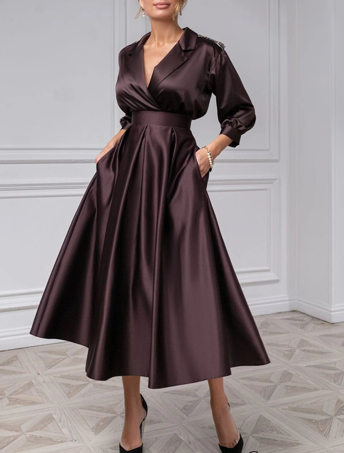 Deep Brown Satin Midi Dress With Pockets Deep Brown Satin Midi Dress With Pockets — Classy Cocktail Dresses Wedding Guest