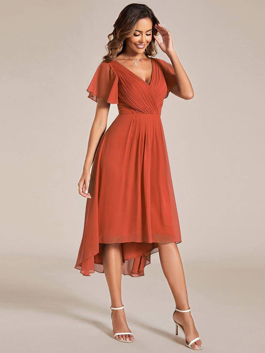 Burnt Orange Chiffon Midi Dress With High-Low Hem Burnt Orange Chiffon Midi Dress With High-Low Hem — Classy Cocktail Dresses Wedding Guest