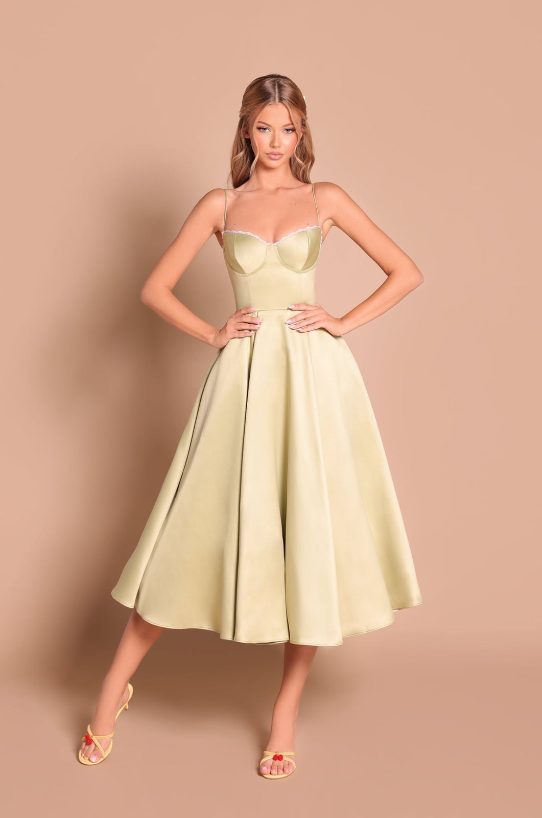 Pale Green Satin Fit-and-Flare Midi Dress Pale Green Satin Fit-and-Flare Midi Dress — Classy Cocktail Dresses Wedding Guest