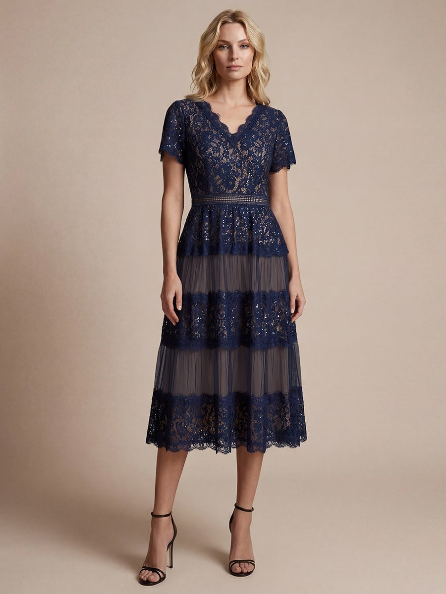 Navy and Gray Tiered Lace Midi Dress Navy and Gray Tiered Lace Midi Dress — Classy Cocktail Dresses Wedding Guest