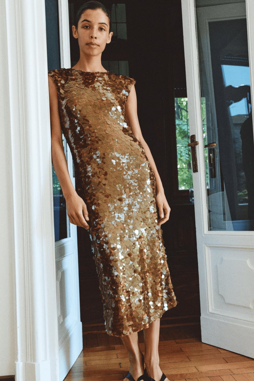 Gold Sequined Fitted Midi Dress for Evening Events — Classy Cocktail Party Outfits