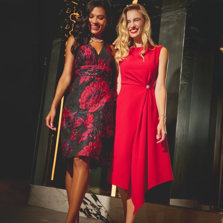 Red and Black Brocade Wrap Dress with Floral Pattern — Classy Cocktail Party Outfits