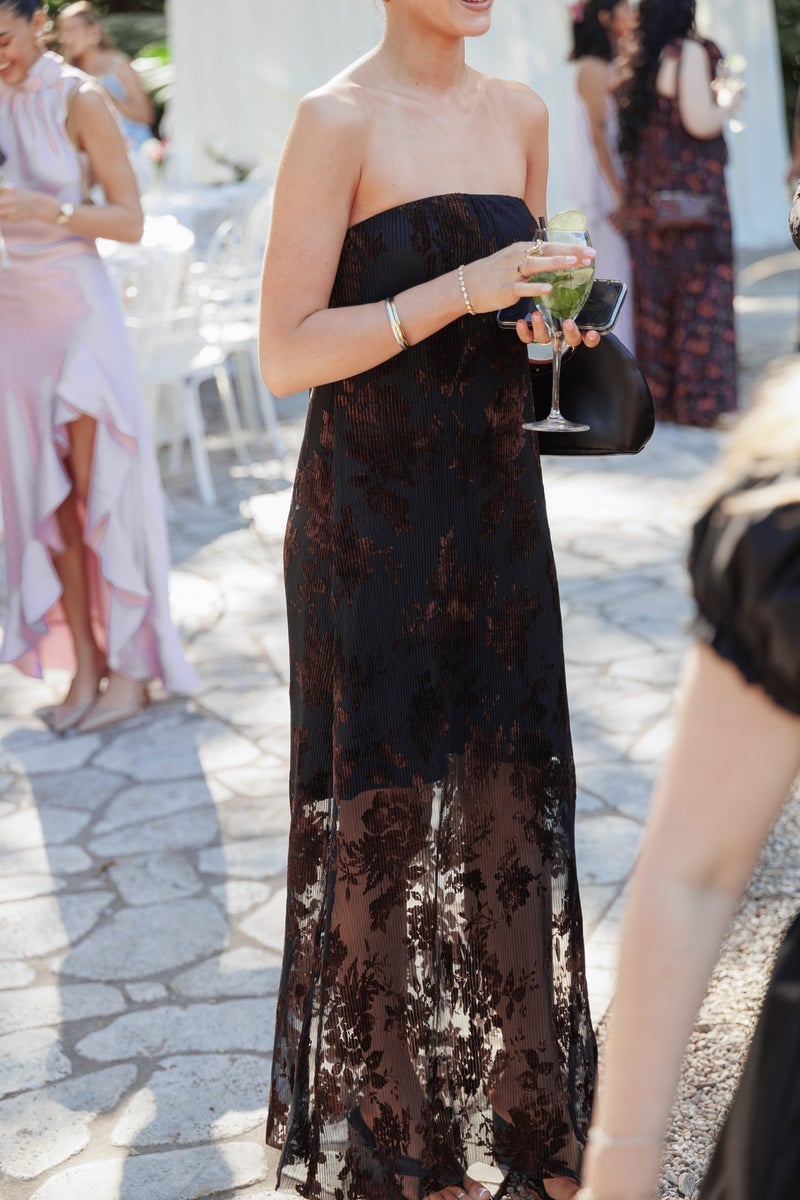 Black Patterned Maxi Dress with Sheer Pleated Hem — Classy Cocktail Party Outfits