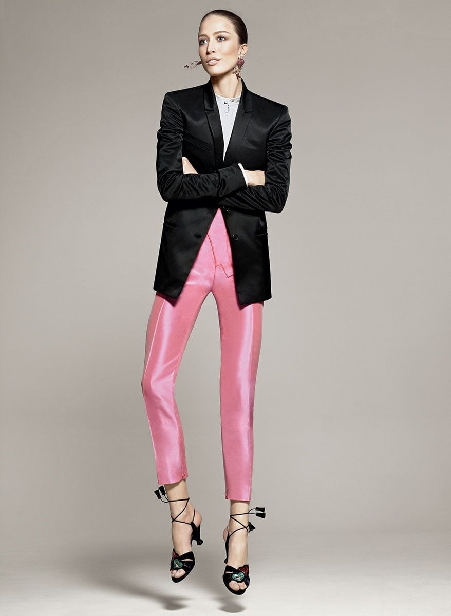 Sharp Black Blazer with Bright Pink Cropped Pants — Classy Cocktail Party Outfits