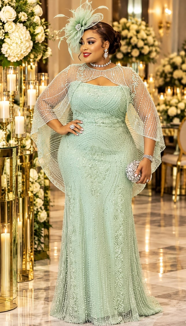Mint Green Beaded Gown with Sheer Beaded Cape — Classy Cocktail Party Outfits