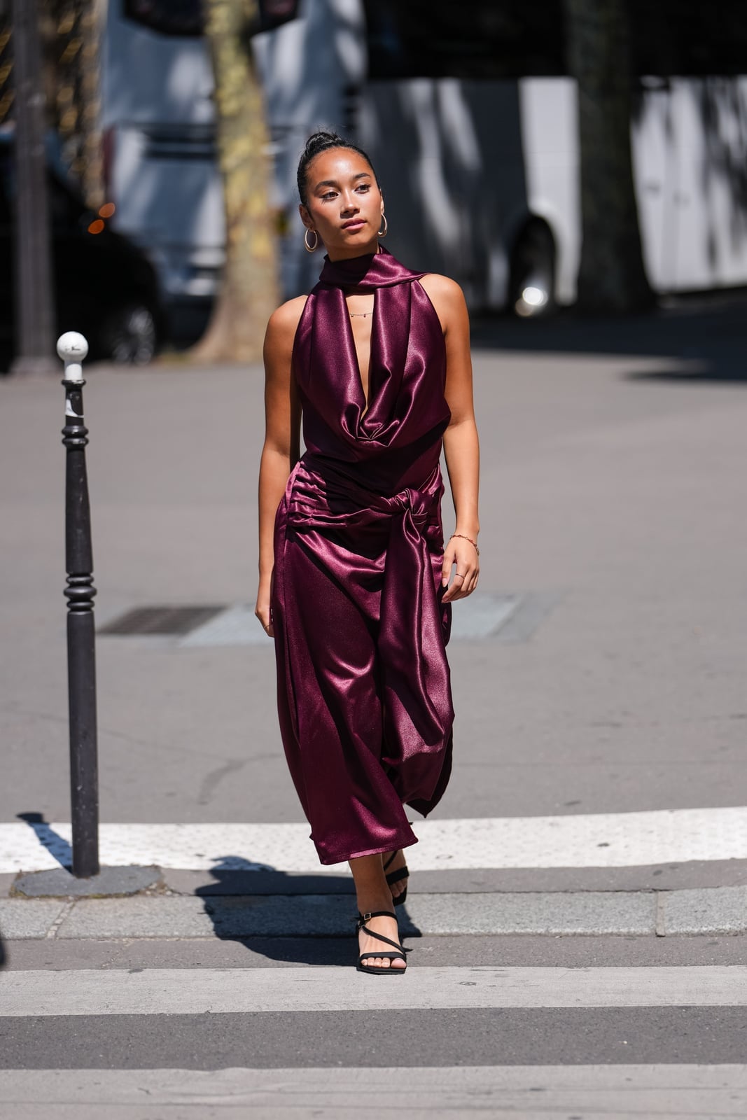 Deep Plum Satin Midi Dress with Draped Cowl Neckline — Classy Cocktail Party Outfits
