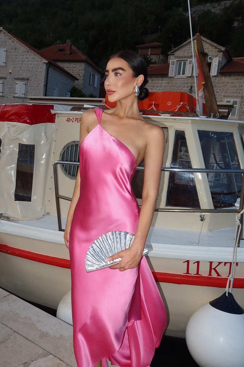 Striking Hot Pink One-Shoulder Satin Maxi Dress — Classy Cocktail Party Outfits