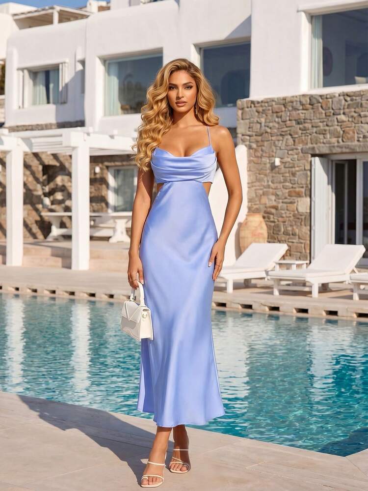 Periwinkle Blue Satin Slip Dress with Side Cutouts — Classy Cocktail Party Outfits