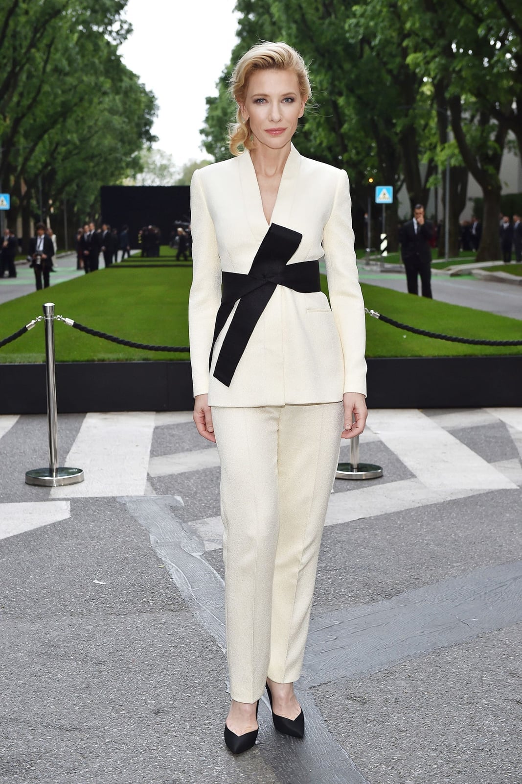 Cream Tailored Suit with Dramatic Bow Belt — Classy Cocktail Party Outfits