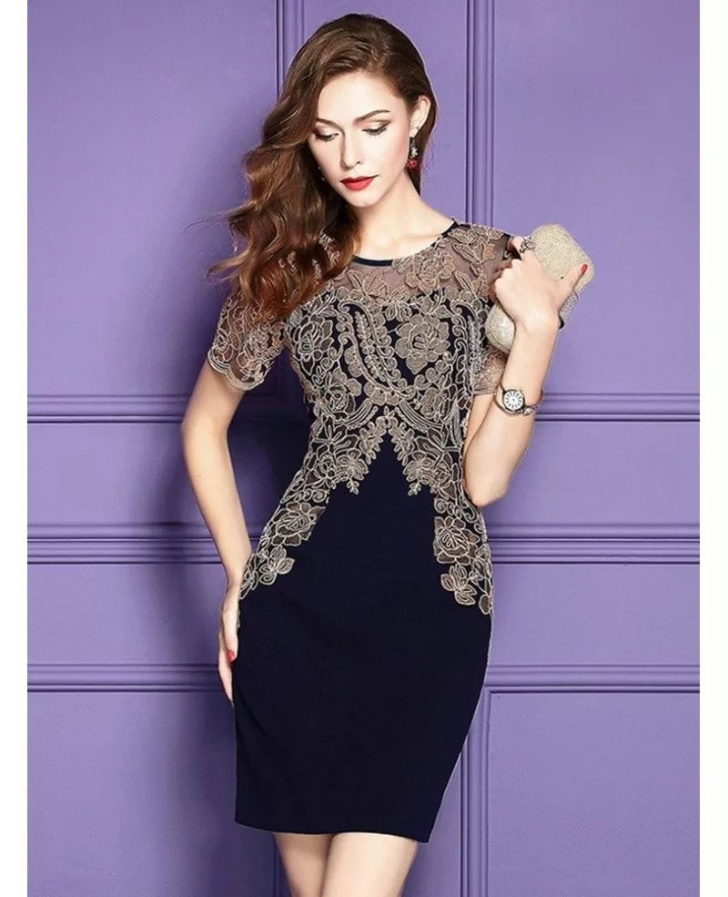 Navy Blue Sheath Dress with Gold Lace Embroidery — Classy Cocktail Party Outfits