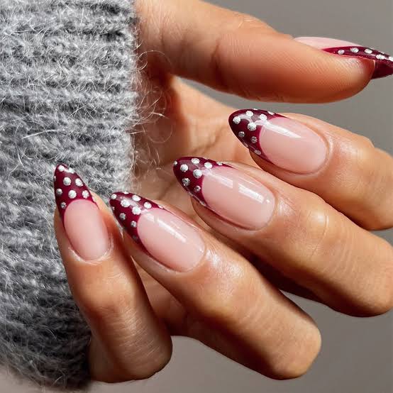 Burgundy Tips with White Polka Dots Almond Nails Burgundy Tips with White Polka Dots Almond Nails — Classy Colored French Tip Nails