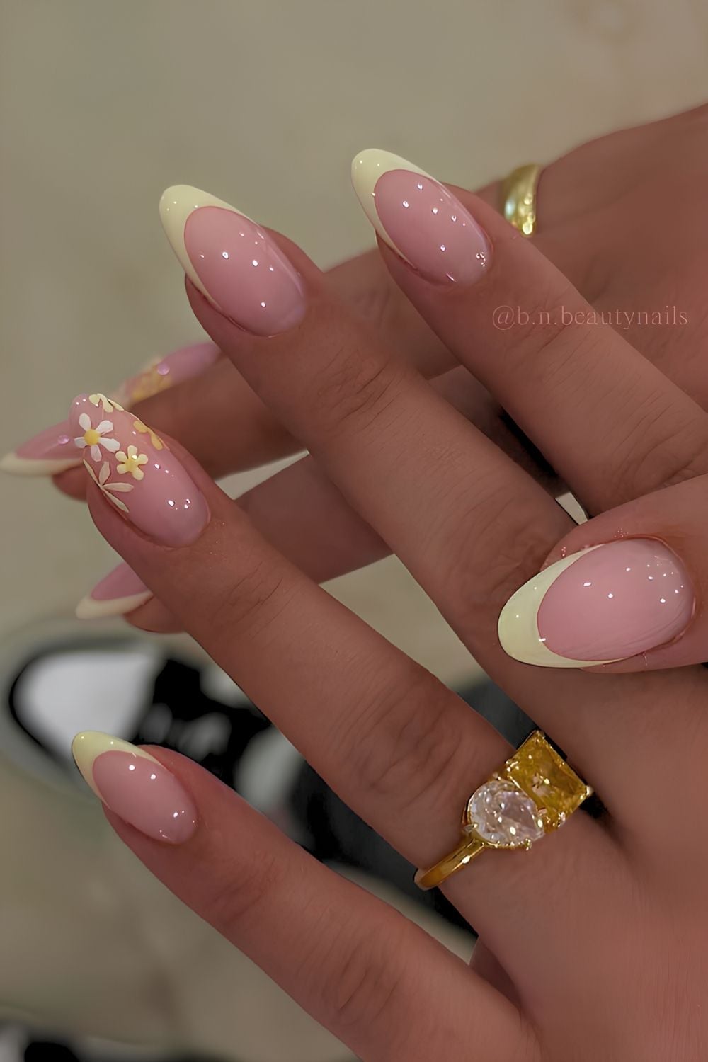 Pale Yellow French Tip with Floral Art Almond Nails Pale Yellow French Tip with Floral Art Almond Nails — Classy Colored French Tip Nails