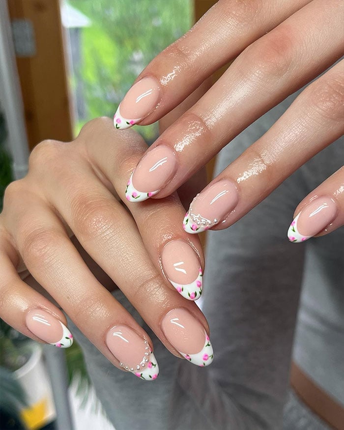 Floral Art and Rhinestone French Tip Almond Nails Floral Art and Rhinestone French Tip Almond Nails — Classy Colored French Tip Nails