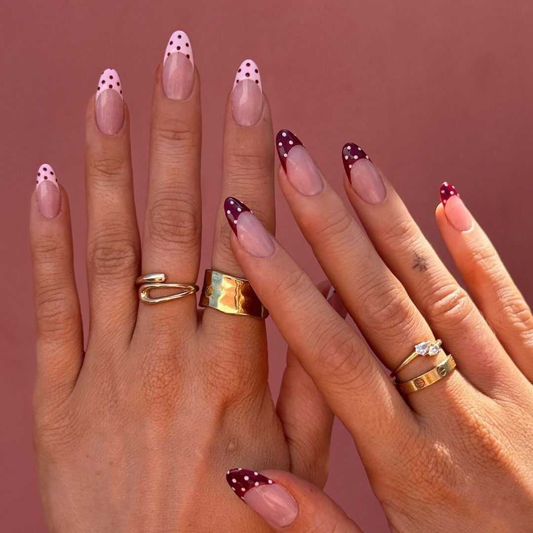 Burgundy Polka Dot French Tip Almond Nails Burgundy Polka Dot French Tip Almond Nails — Classy Colored French Tip Nails
