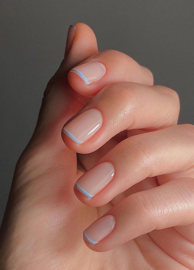 Thin Light Blue Line Short Almond Nails Thin Light Blue Line Short Almond Nails — Classy Colored French Tip Nails