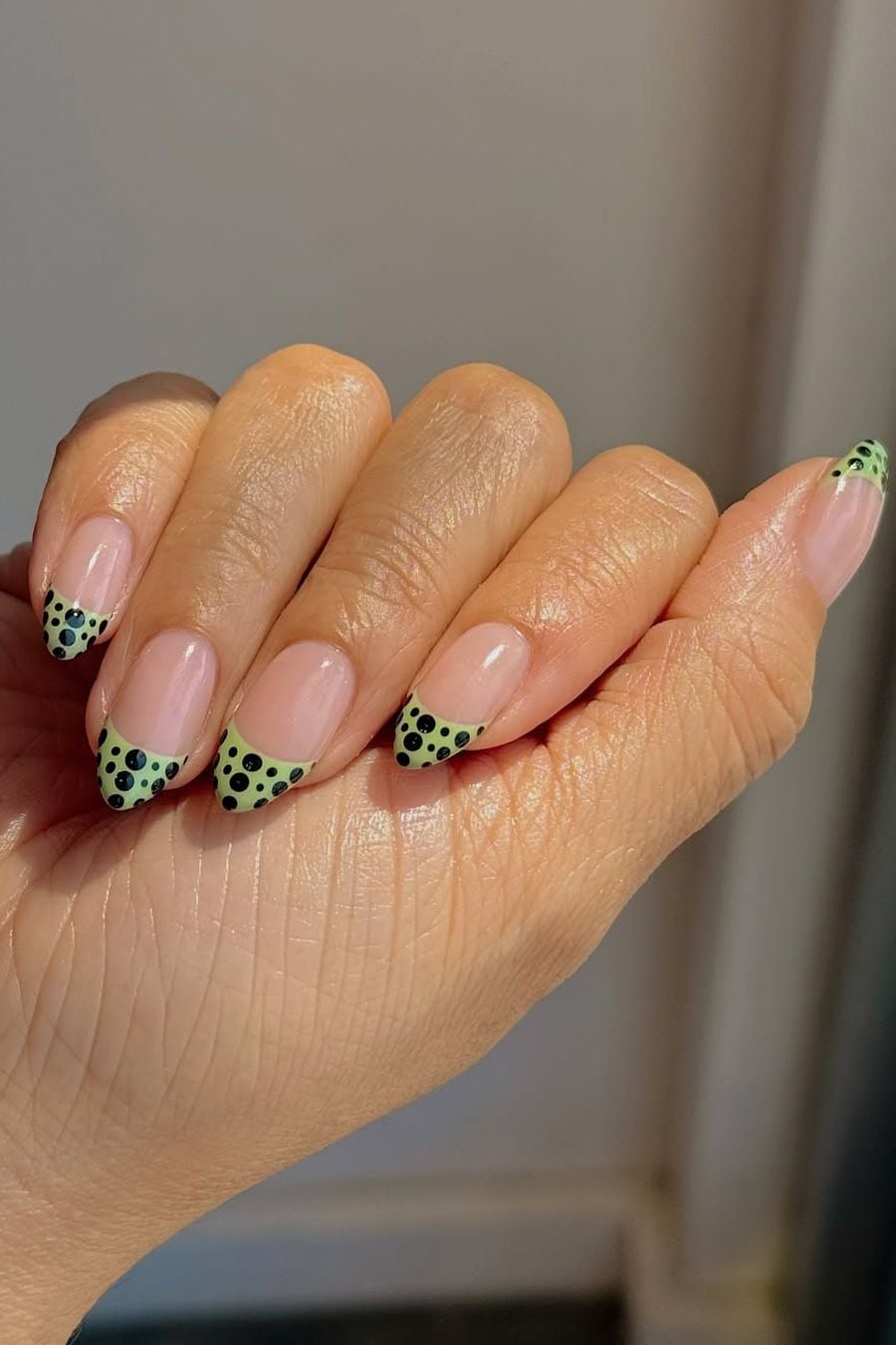 Green Polka Dot French Tip Almond Nails, Glossy Green Polka Dot French Tip Almond Nails, Glossy — Classy Colored French Tip Nails