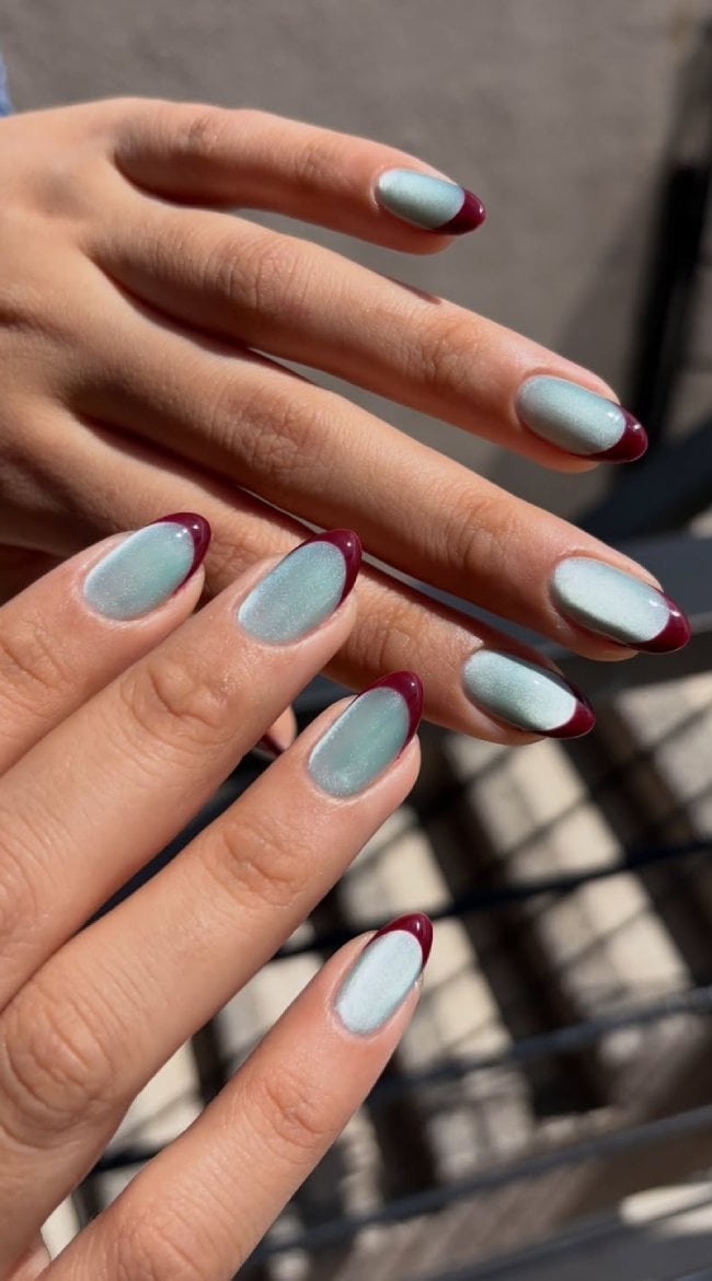 Mint Cat-Eye French Tip Oval Nails Mint Cat-Eye French Tip Oval Nails — Classy Colored French Tip Nails
