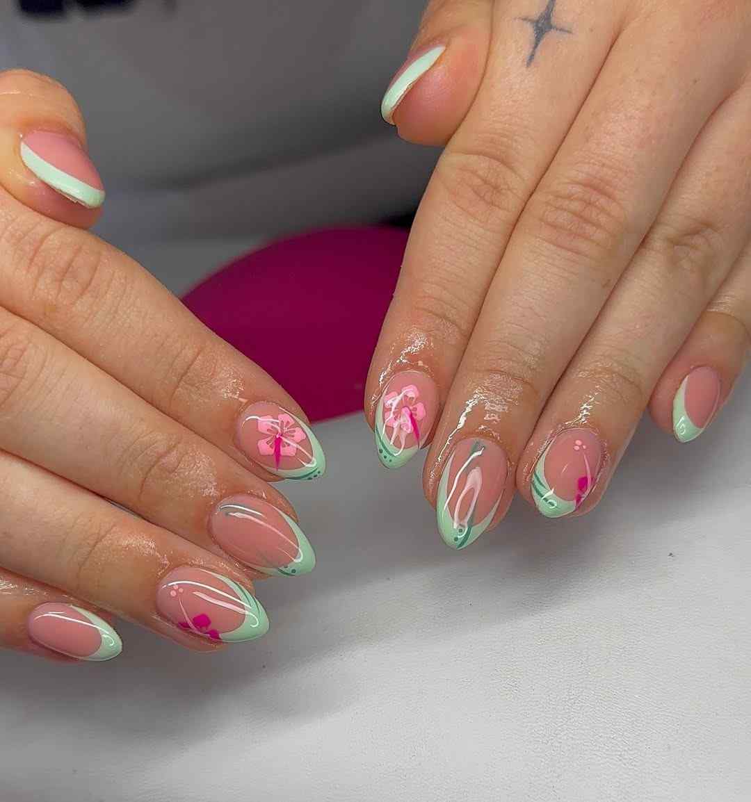 Mint Green French Tip with Pink Floral Almond Nails Mint Green French Tip with Pink Floral Almond Nails — Classy Colored French Tip Nails