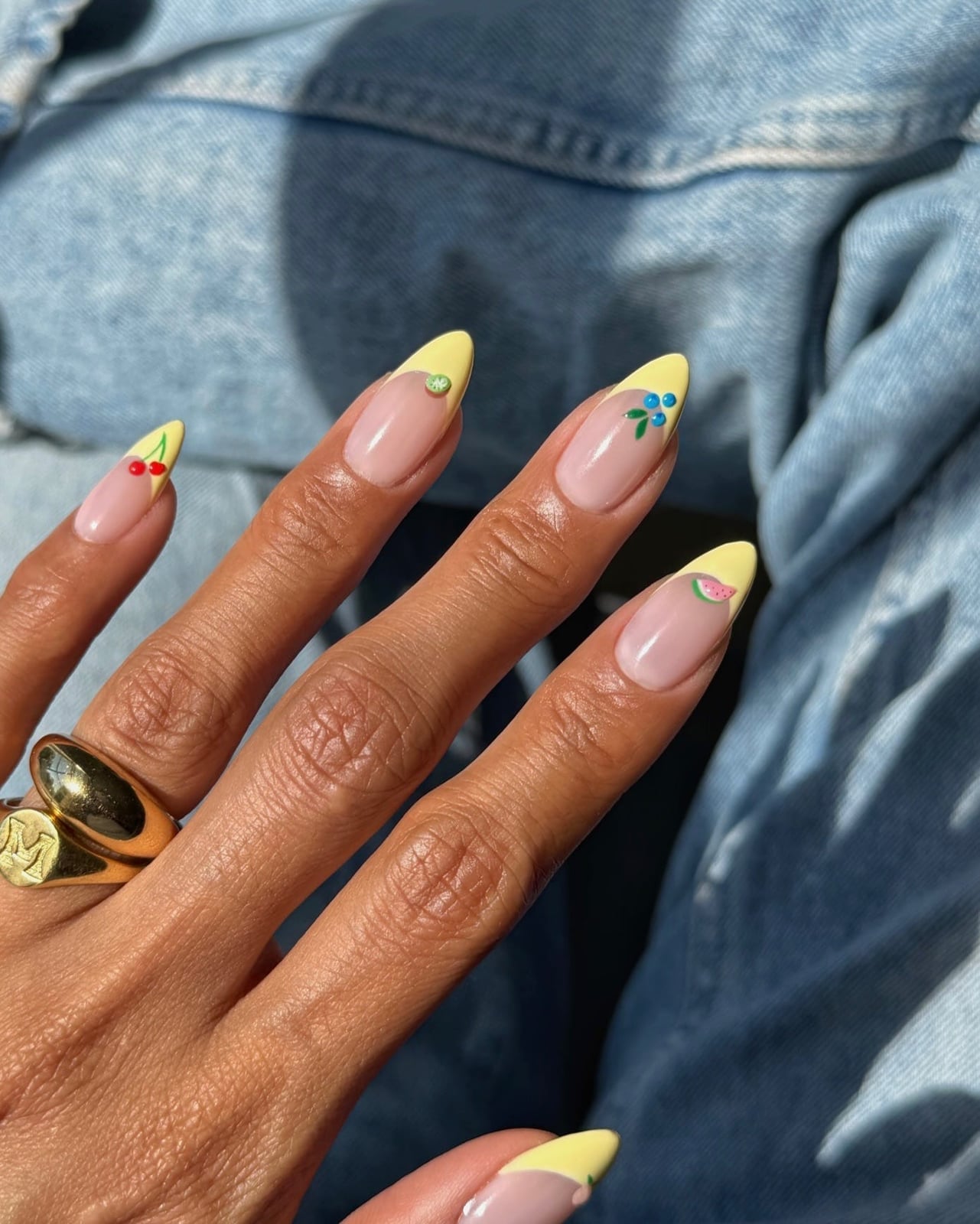 Yellow French Tip with Fruit Art Almond Nails Yellow French Tip with Fruit Art Almond Nails — Classy Colored French Tip Nails