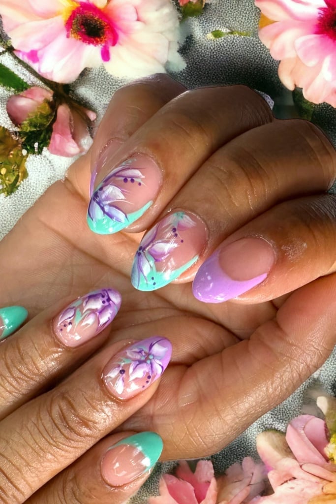 Purple Floral Art Long Almond Nails Purple Floral Art Long Almond Nails — Classy Colored French Tip Nails
