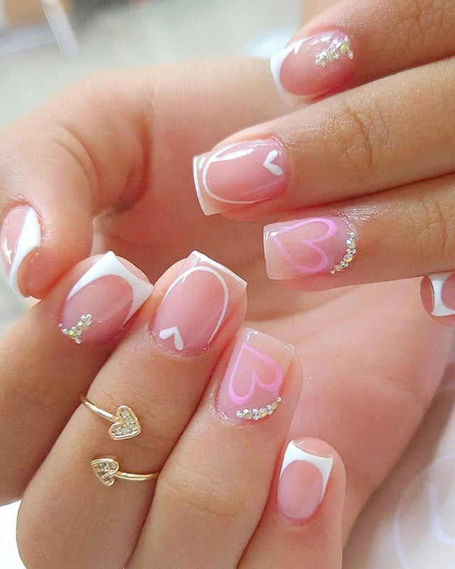 White French Tip with Pink Heart Short Square Nails White French Tip with Pink Heart Short Square Nails — Classy Colored French Tip Nails