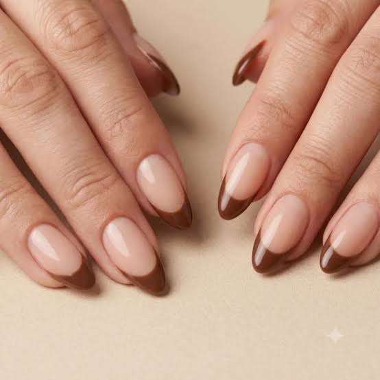 Thin Brown Line French Tip Almond Nails Thin Brown Line French Tip Almond Nails — Classy Colored French Tip Nails