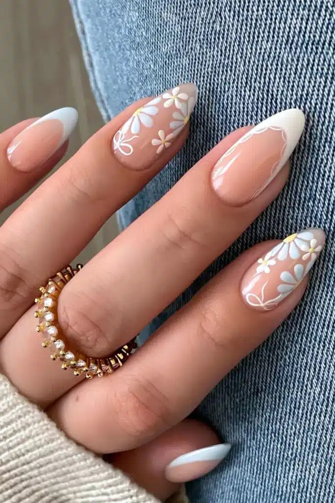 White Floral Accent Classic French Tip Nails White Floral Accent Classic French Tip Nails — Classy Colored French Tip Nails