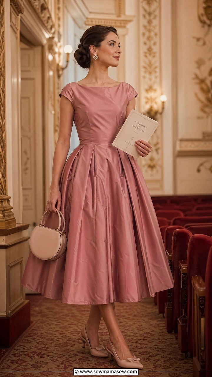 Pink Taffeta Midi Dress with a Full Pleated Skirt — Classy Concert Dresses