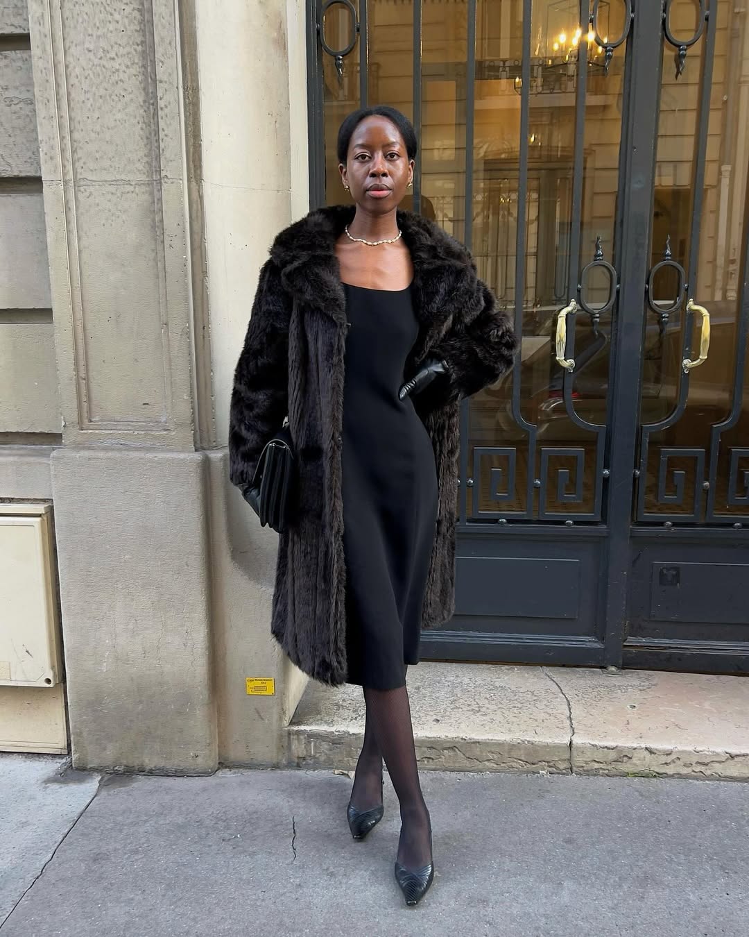 Black Knit Midi Dress Under a Faux Fur Coat — Classy Concert Dresses