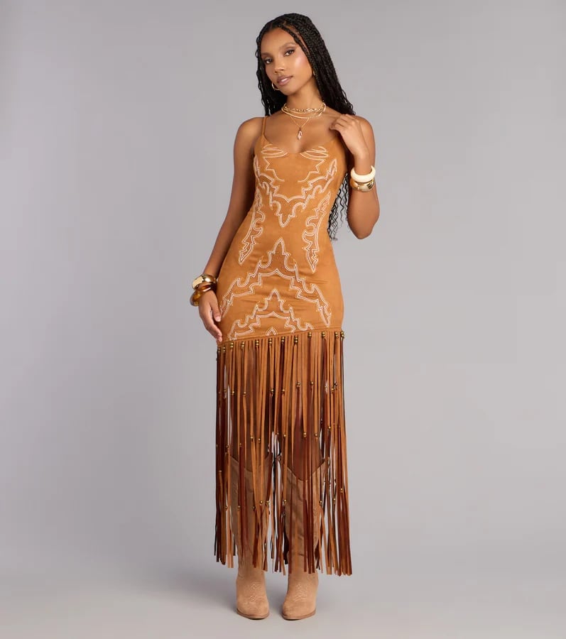 Tan Suede Mini Dress with Fringe Hem — Classy Concert Dresses