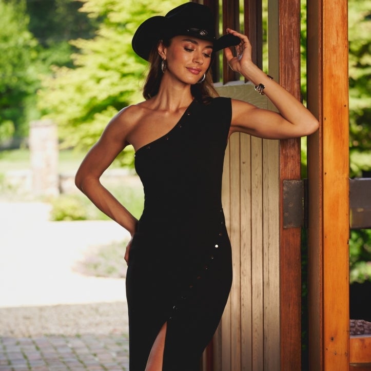 Black One-Shoulder Midi Dress with Sequins — Classy Concert Dresses