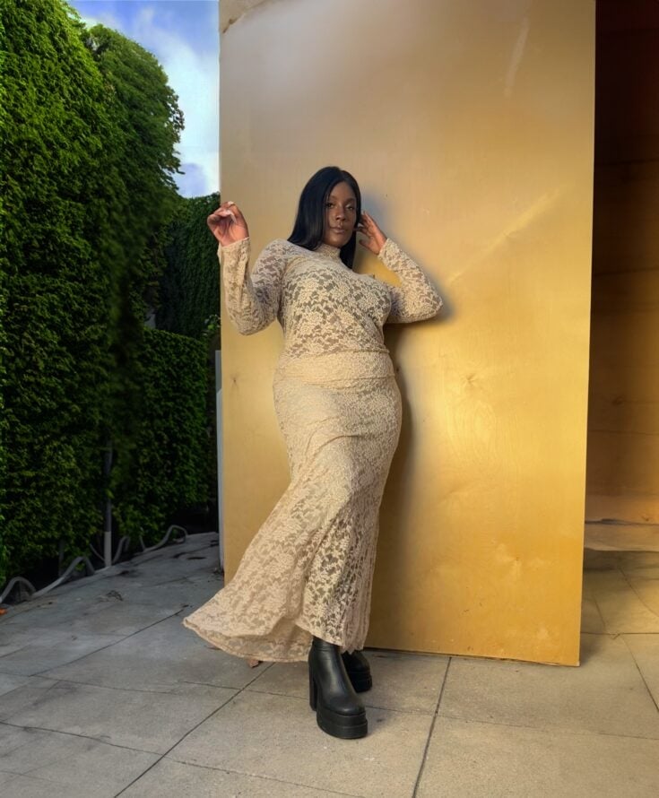 Beige Floor-Length Lace Dress with Sheer Overlay — Classy Concert Dresses