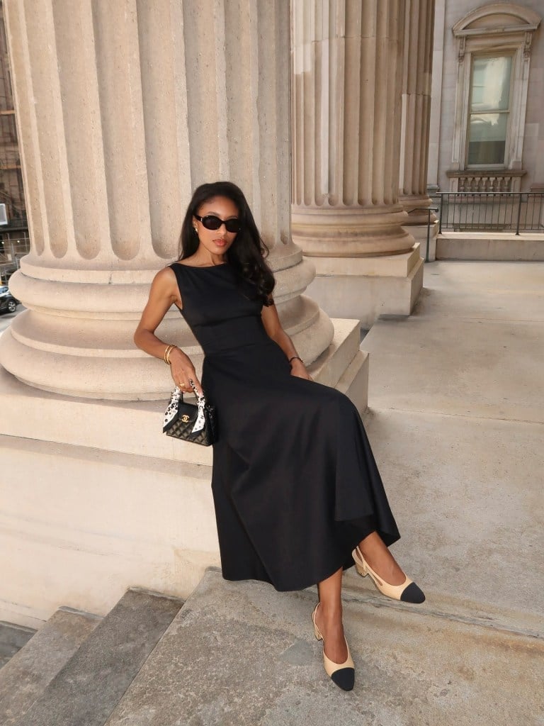 Black Fit and Flare Midi Dress with Scarf Detail Handbag — Classy Concert Dresses
