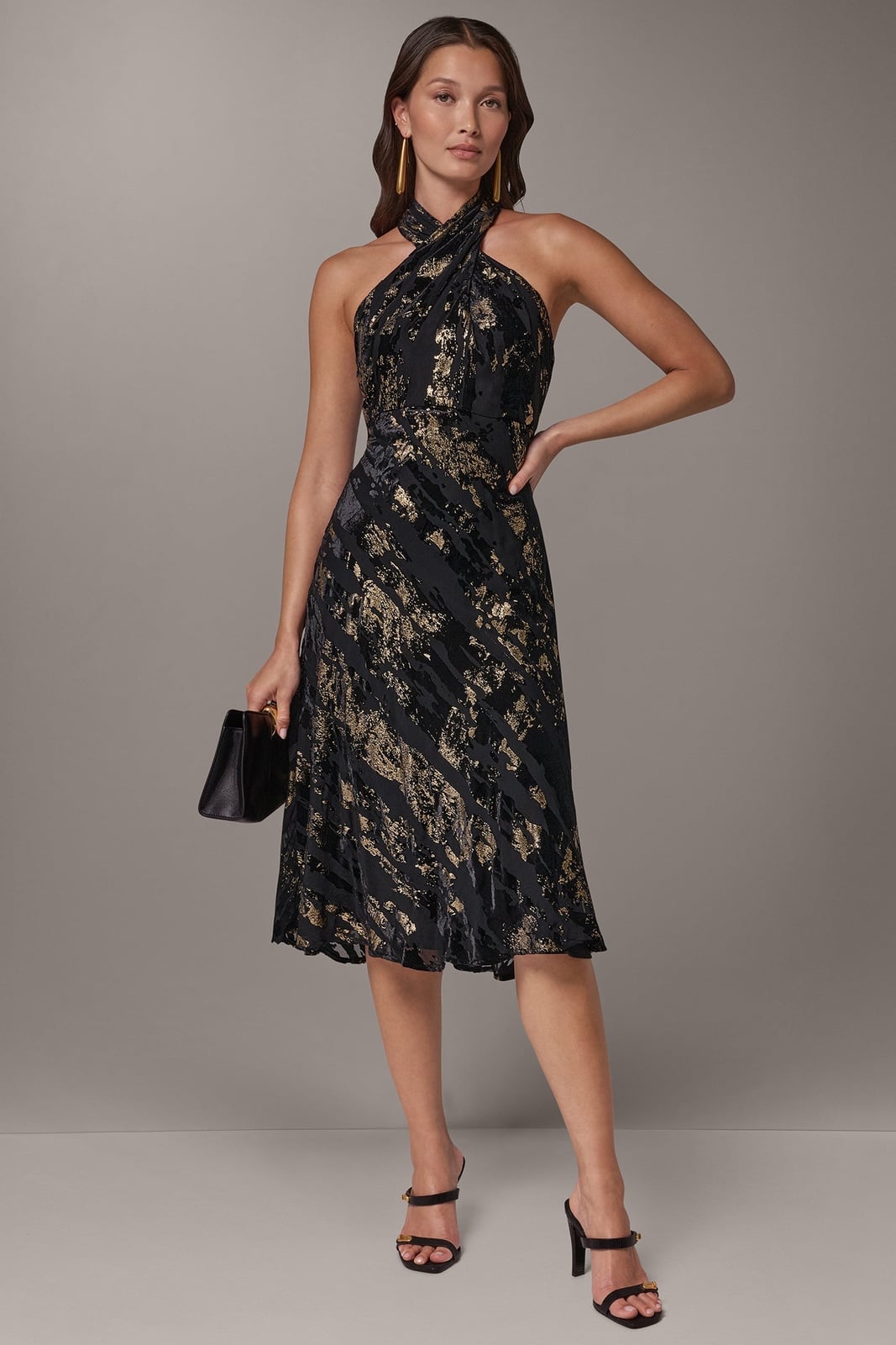Black Velvet Midi Dress with Metallic Gold Print — Classy Concert Dresses