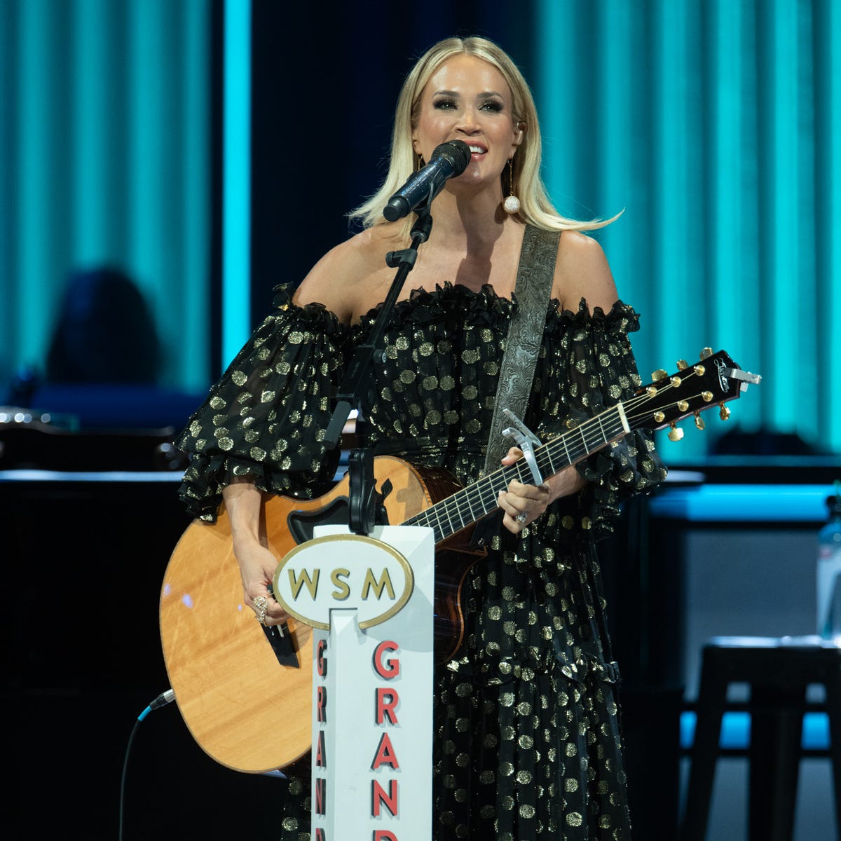 Black and Gold Polka Dot Off-The-Shoulder Dress — Classy Concert Dresses