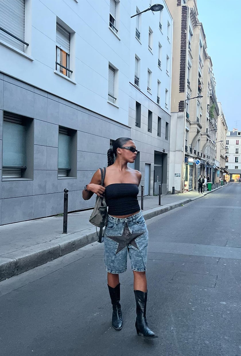 Black Tube Top and Star Detail Denim Shorts Black Tube Top and Star Detail Denim Shorts — Classy Concert Outfits Black Women