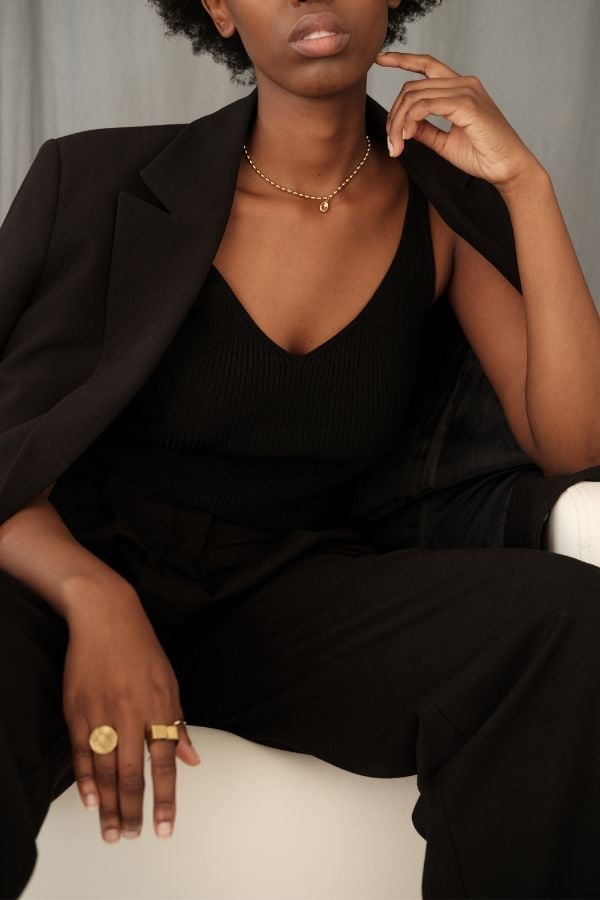 Black Blazer Over Ribbed Camisole and Wide-Leg Trousers Black Blazer Over Ribbed Camisole and Wide-Leg Trousers — Classy Concert Outfits Black Women