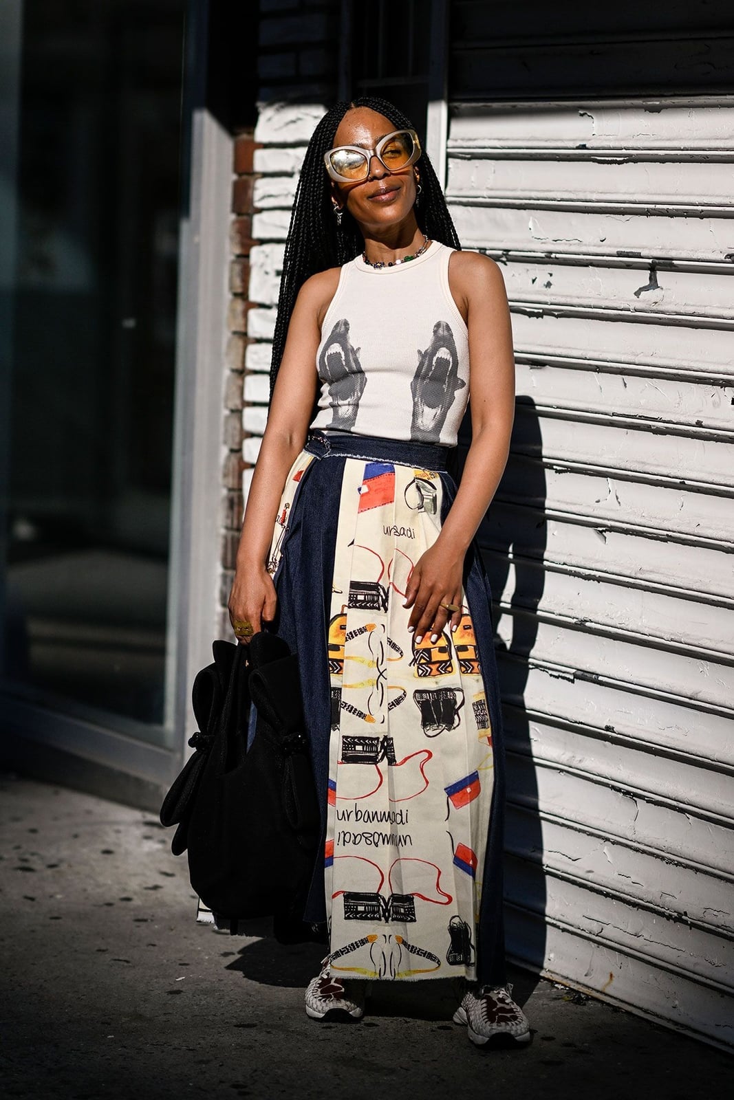 Graphic Tank, Denim Jacket, and Patterned Maxi Skirt Graphic Tank, Denim Jacket, and Patterned Maxi Skirt — Classy Concert Outfits Black Women