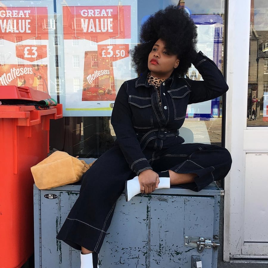 Dark Wash Denim Jumpsuit with Leopard Scarf Dark Wash Denim Jumpsuit with Leopard Scarf — Classy Concert Outfits Black Women