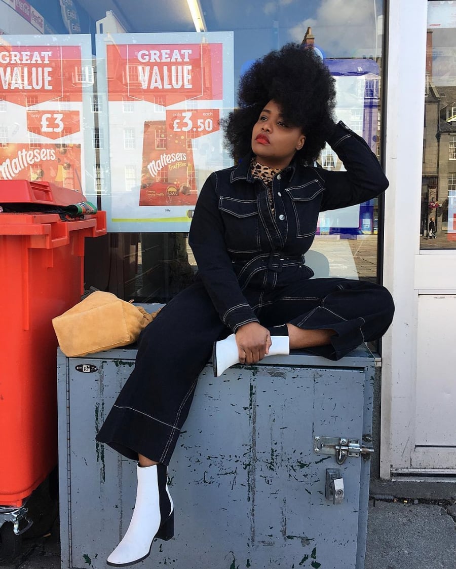Denim Jumpsuit with Contrast Stitching and Leopard Scarf Denim Jumpsuit with Contrast Stitching and Leopard Scarf — Classy Concert Outfits Black Women