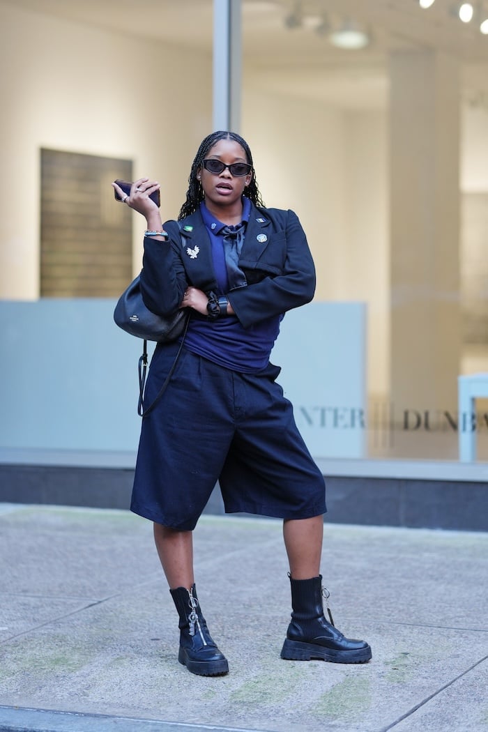 Cropped Black Blazer with Navy Polo and Wide-Leg Shorts Cropped Black Blazer with Navy Polo and Wide-Leg Shorts — Classy Concert Outfits Black Women