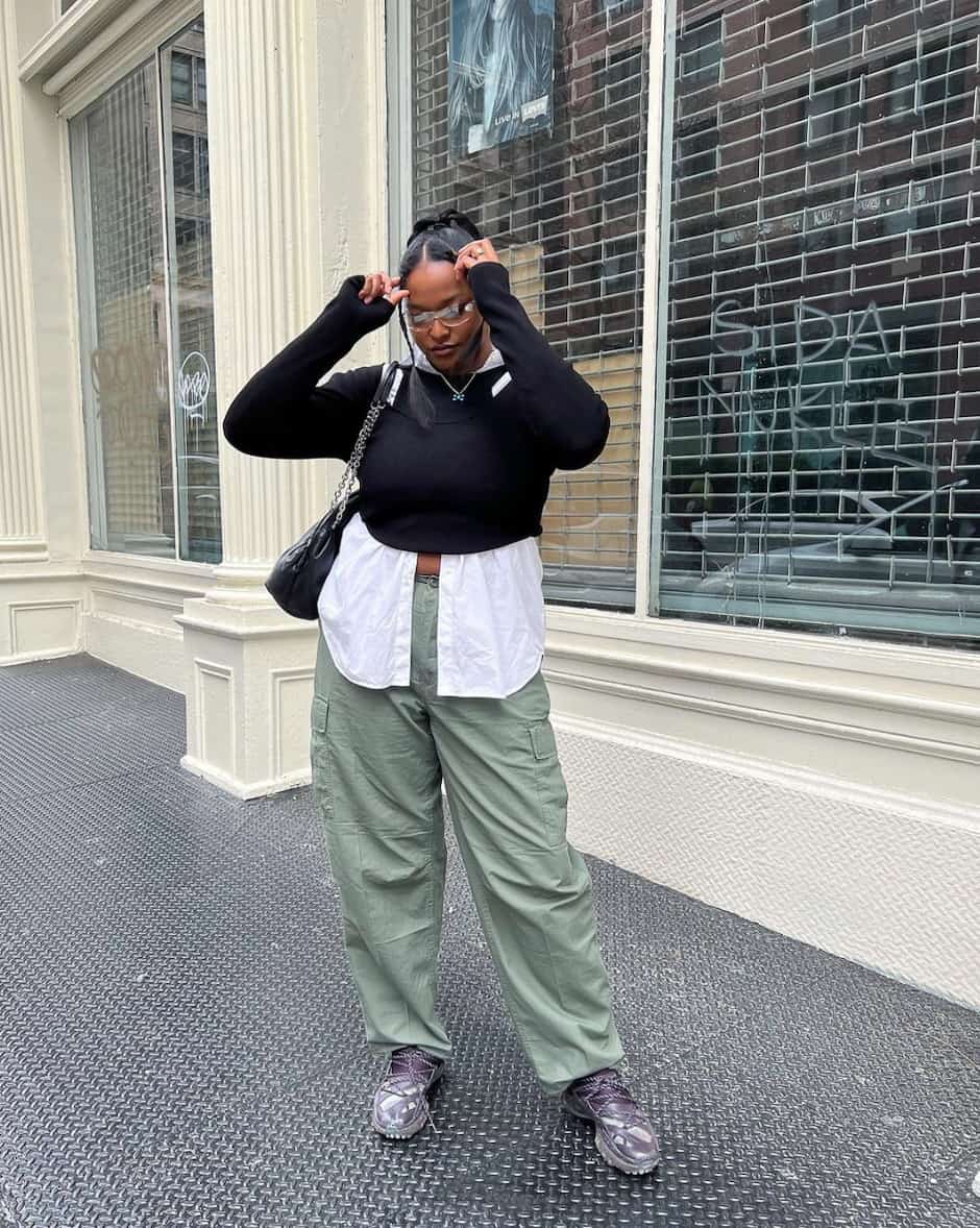 Layered Sweater and Shirt with Olive Cargo Pants Layered Sweater and Shirt with Olive Cargo Pants — Classy Concert Outfits Black Women