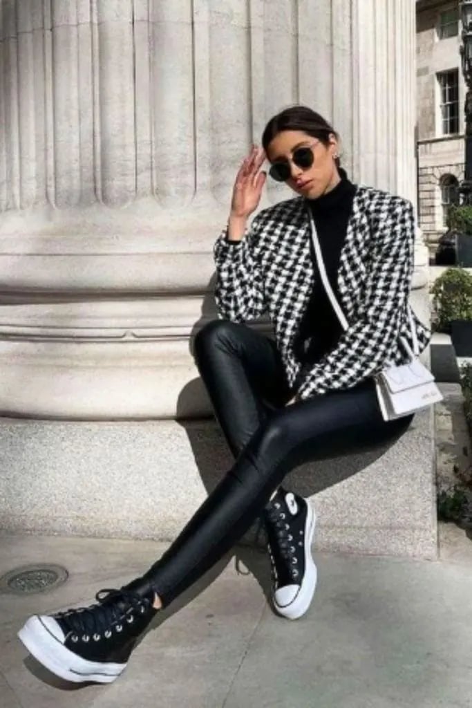Houndstooth Blazer Meets Black Converse — Classy Converse Outfits Black