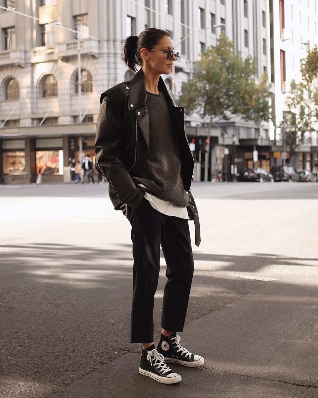 Leather Jacket and Knit Sweater with Black Converse — Classy Converse Outfits Black