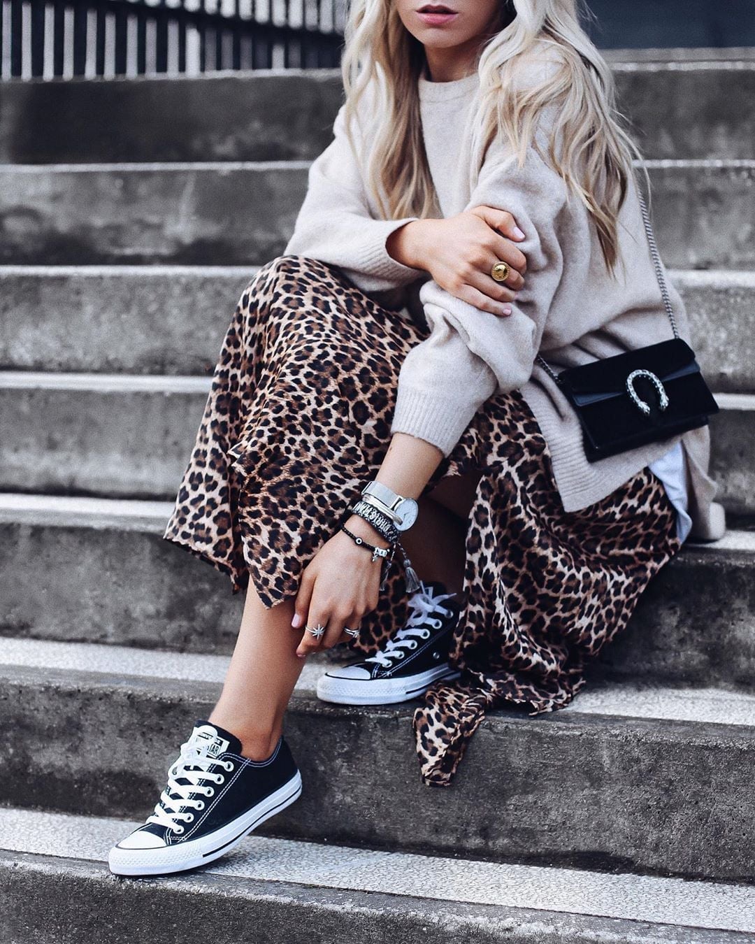 Leopard Midi Skirt and Knit Sweater with Converse — Classy Converse Outfits Black