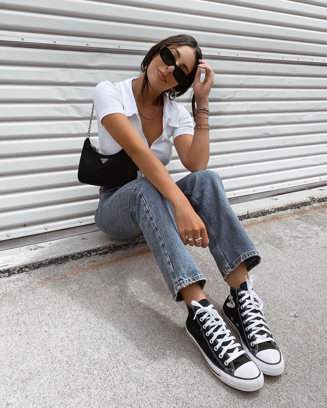 White Collared Top and Jeans with Black Converse and Straight Leg — Classy Converse Outfits Black